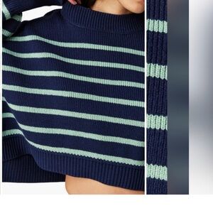Free People Navy and Mint Striped Turtleneck Sweater